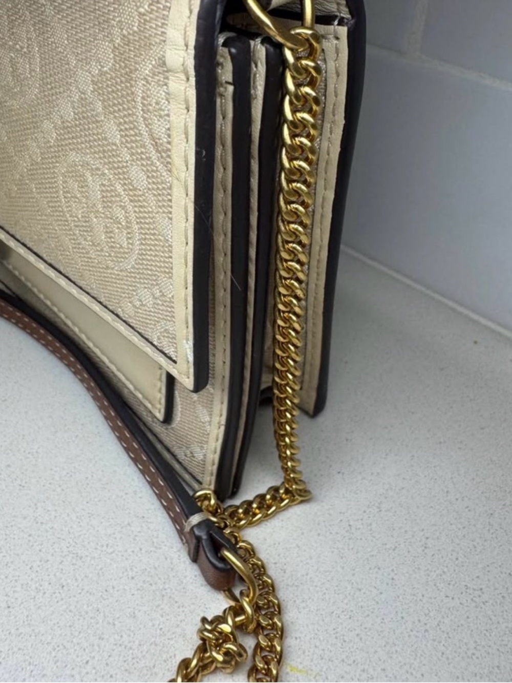 Tory Burch Beige Logo-Pattern Flap Crossbody with Brown Strap - Picture 3 of 9